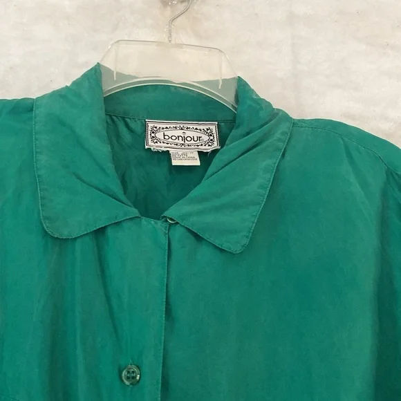 Vintage 80’s Bonjour Green Long Sleeve 100% Silk Plus Size Blouse - Picture 6 of 15